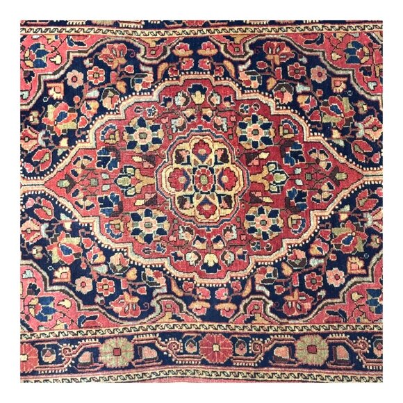 Vintage Tabriz Wool Silk Hand Knotted Area Rug 34X25 Red & Navy Floral Medallion - Picture 2 of 4